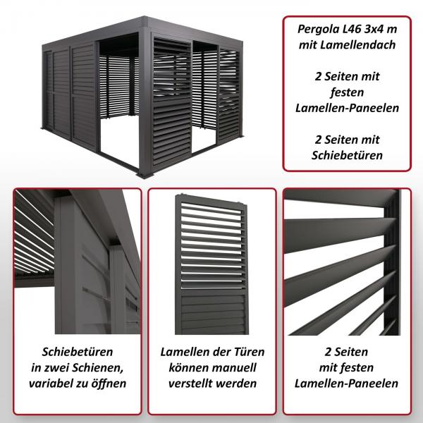 Foto mit wichtigsten Merkmalen des Produktes Alu Pergola HWC-L46, Pavillon Terrassenberdachung, 7x Lamellenpaneel 7x Schiebetren, 11cm-Gestell, 3x4m ~ anthrazit