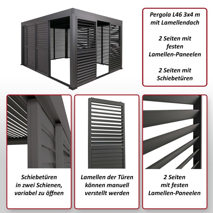 Alu Pergola HWC-L46, Pavillon Terrassenberdachung, 7x Lamellenpaneel 7x Schiebetren, 11cm-Gestell, 3x4m ~ anthrazit