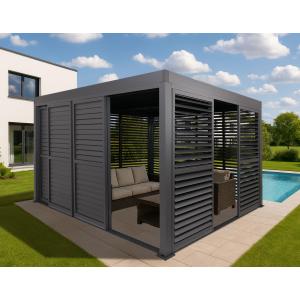 Alu Pergola HWC-L46, Pavillon Terrassenberdachung, 7x Lamellenpaneel 7x Schiebetren, 11cm-Gestell, 3x4m ~ anthrazit