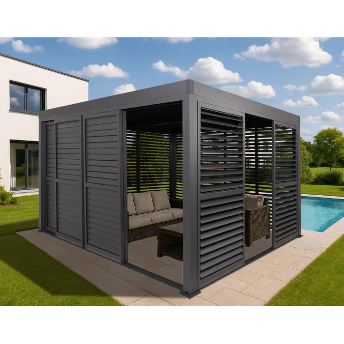 Alu Pergola HWC-L46, Pavillon Terrassenberdachung, 7x Lamellenpaneel 7x Schiebetren, 11cm-Gestell, 3x4m ~ anthrazit