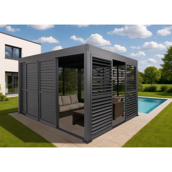 Alu Pergola HWC-L46, Pavillon Terrassenberdachung, 7x Lamellenpaneel 7x Schiebetren, 11cm-Gestell, 3x4m ~ anthrazit