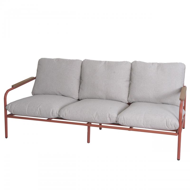 Aluminium-Gartenbank HWC-O11, Outdoor 3-Sitzer Sitzbank Sofa, Olefin Stoff (205 g/m) 184cm ~ terrakotta Polster beige