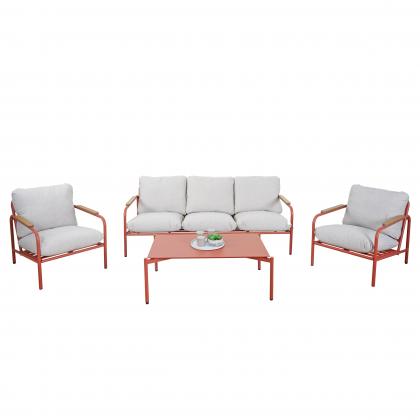 Aluminium-Gartengarnitur HWC-O11, Outdoor 3-Sitzer Sitzbank Sessel Sofa, Olefin (205 g/m) ~ terrakotta Polster beige