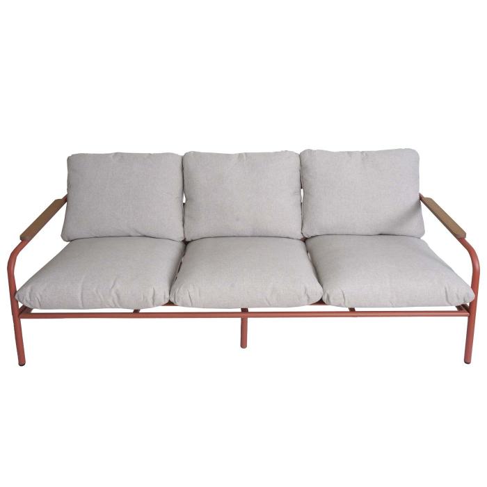 Aluminium-Gartenbank HWC-O11, Outdoor 3-Sitzer Sitzbank Sofa, Olefin Stoff (205 g/m) 184cm ~ terrakotta Polster beige