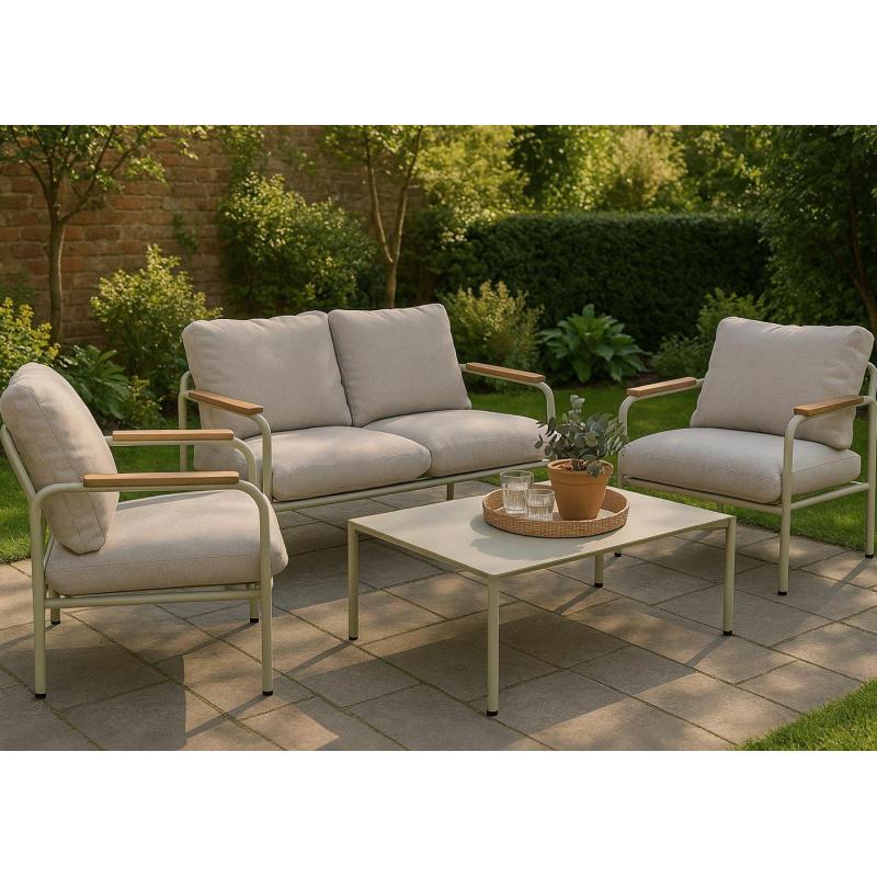 Aluminium-Gartengarnitur HWC-O11, Outdoor 2-Sitzer Sitzbank Sessel Sofa, Olefin (205 g/m) ~ hellgrn Polster beige