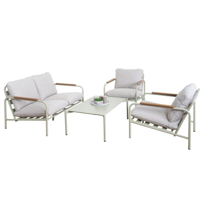 Aluminium-Gartengarnitur HWC-O11, Outdoor 2-Sitzer Sitzbank Sessel Sofa, Olefin (205 g/m) ~ hellgrn Polster beige