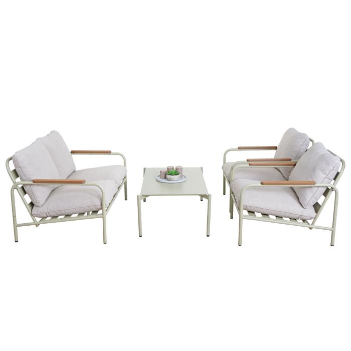 Aluminium-Gartengarnitur HWC-O11, Outdoor 2-Sitzer Sitzbank Sessel Sofa, Olefin (205 g/m) ~ hellgrn Polster beige