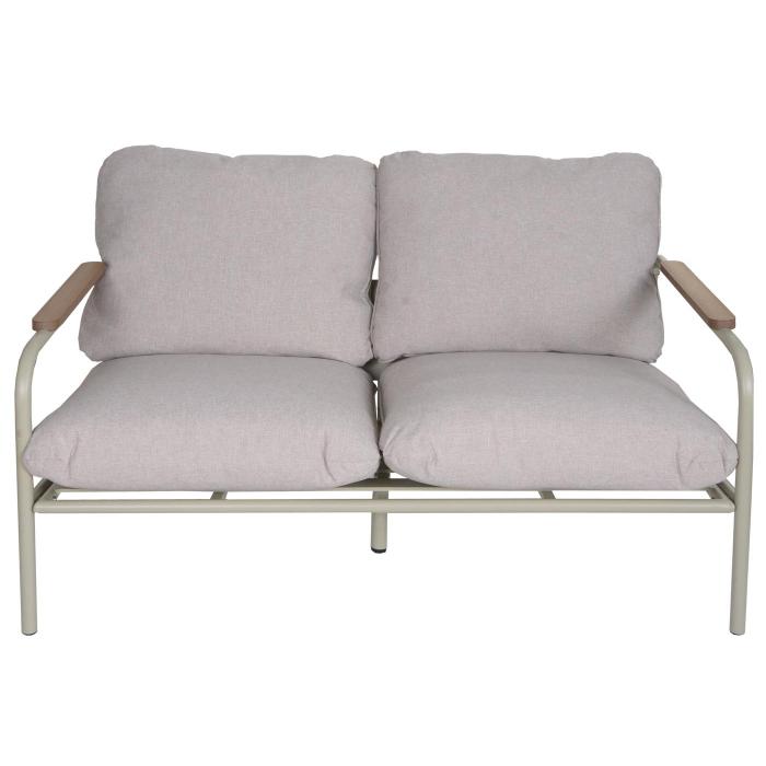 Aluminium-Gartengarnitur HWC-O11, Outdoor 2-Sitzer Sitzbank Sessel Sofa, Olefin (205 g/m) ~ hellgrn Polster beige