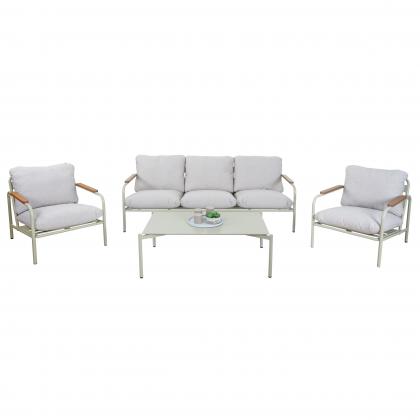 Aluminium-Gartengarnitur HWC-O11, Outdoor 3-Sitzer Sitzbank Sessel Sofa, Olefin (205 g/m) ~ hellgrn Polster beige