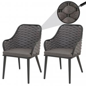 2er-Set Aluminium-Gartenstuhl HWC-O16, Outdoor Stuhl, Olefin (200 g/m) Seilgeflecht Rope ~ anthrazit Kissen dunkelgrau
