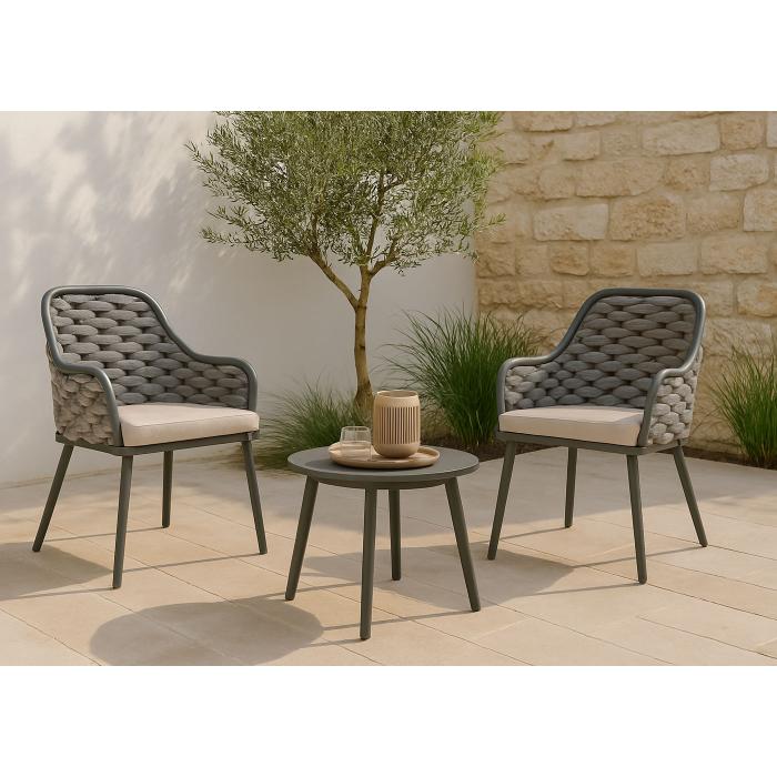 2er-Set Aluminium-Gartenstuhl HWC-O16, Outdoor Stuhl, Olefin (200 g/m) Seilgeflecht Rope ~ anthrazit Kissen taupe