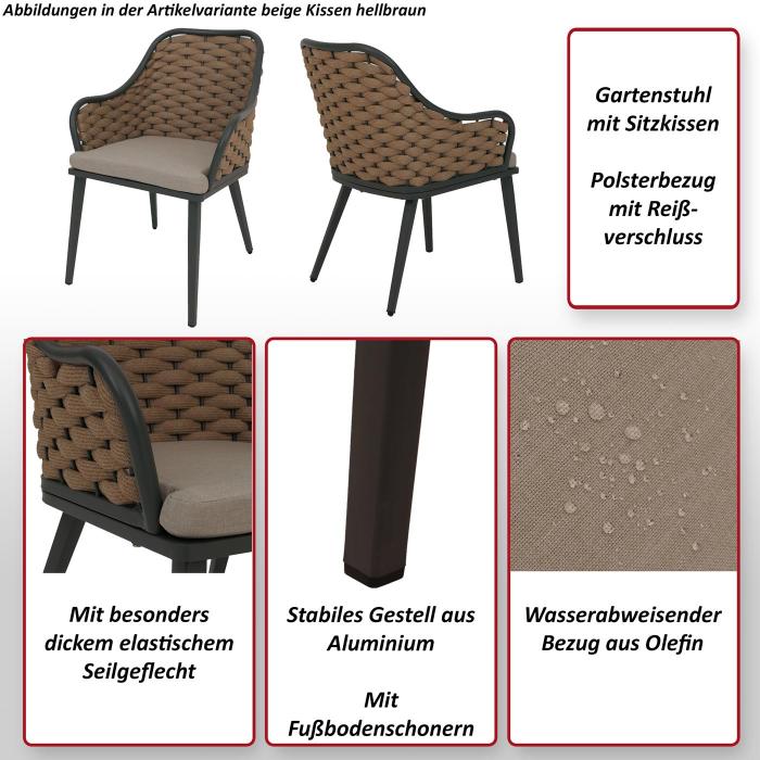 2er-Set Aluminium-Gartenstuhl HWC-O16, Outdoor Stuhl, Olefin (200 g/m) Seilgeflecht Rope ~ anthrazit Kissen taupe