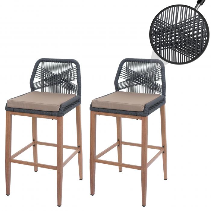 2er-Set Rope-Barhocker HWC-O21, Outdoor Sitzpolster Seilgeflecht Metall Holz-Optik ~ anthrazit, Kissen taupe