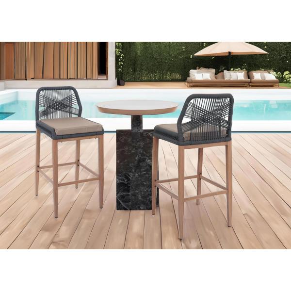 2er-Set Rope-Barhocker HWC-O21, Outdoor Sitzpolster Seilgeflecht Metall Holz-Optik ~ anthrazit, Kissen taupe
