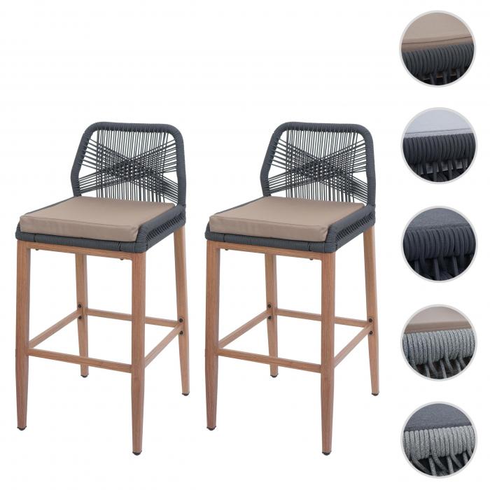 2er-Set Rope-Barhocker HWC-O21, Outdoor Sitzpolster Seilgeflecht Metall Holz-Optik ~ anthrazit, Kissen taupe