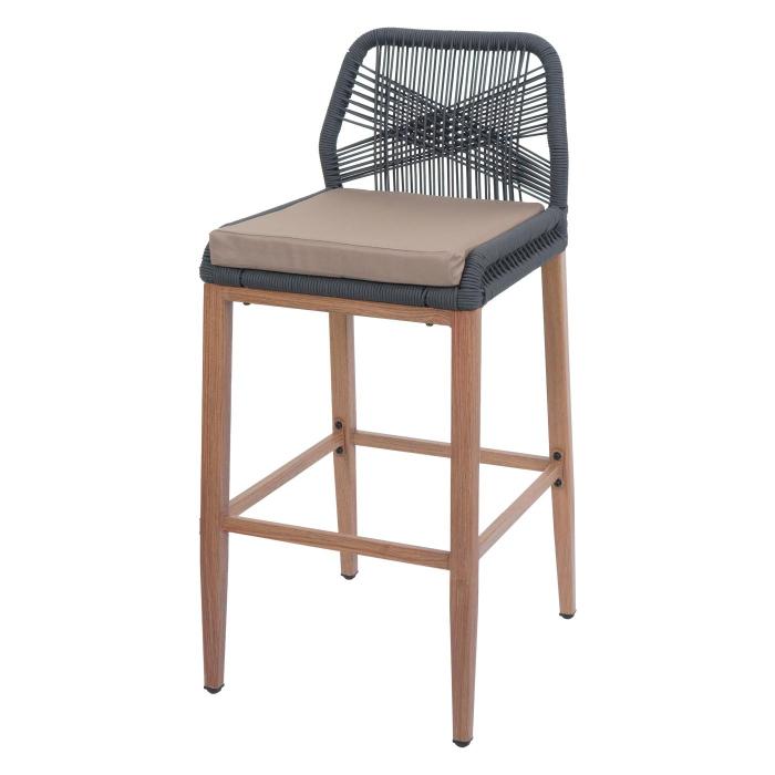 2er-Set Rope-Barhocker HWC-O21, Outdoor Sitzpolster Seilgeflecht Metall Holz-Optik ~ anthrazit, Kissen taupe