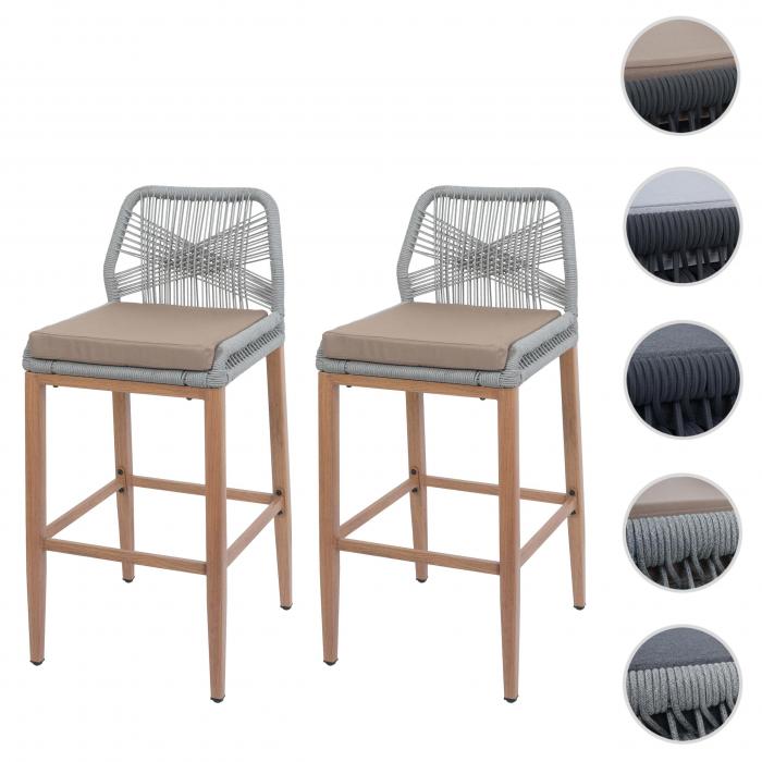 2er-Set Rope-Barhocker HWC-O21, Outdoor Sitzpolster Seilgeflecht Metall Holz-Optik ~ hellgrau, Kissen taupe