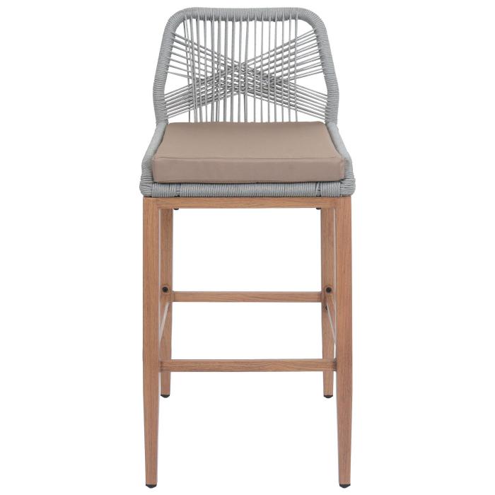 2er-Set Rope-Barhocker HWC-O21, Outdoor Sitzpolster Seilgeflecht Metall Holz-Optik ~ hellgrau, Kissen taupe