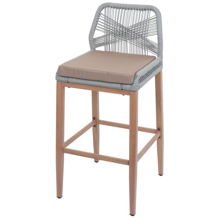 2er-Set Rope-Barhocker HWC-O21, Outdoor Sitzpolster Seilgeflecht Metall Holz-Optik ~ hellgrau, Kissen taupe