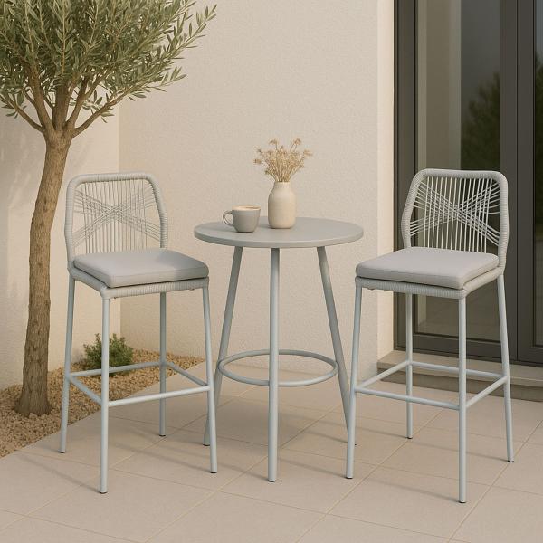 Stimmungsbild fr Produkt 2er-Set Rope-Barhocker HWC-O21, Outdoor Sitzpolster Seilgeflecht Metall ~ hellgrau, Kissen hellgrau