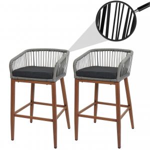 2er-Set Rope-Barhocker HWC-O22, Outdoor Sitzpolster Seilgeflecht Metall Holz-Optik ~ hellgrau, Kissen dunkelgrau