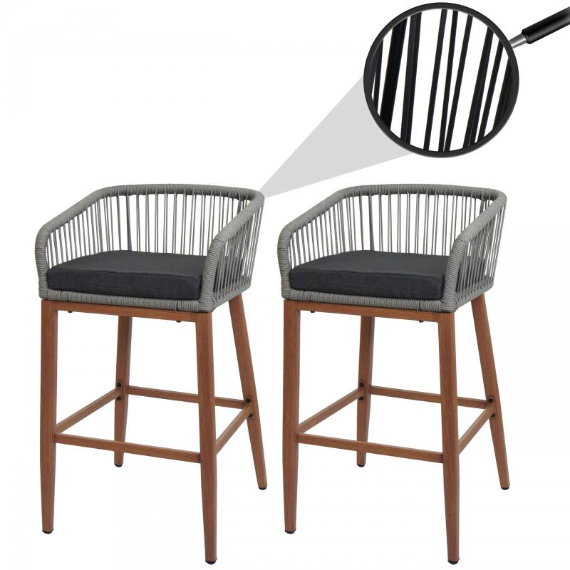 2er-Set Rope-Barhocker HWC-O22, Outdoor Sitzpolster Seilgeflecht Metall Holz-Optik ~ hellgrau, Kissen dunkelgrau
