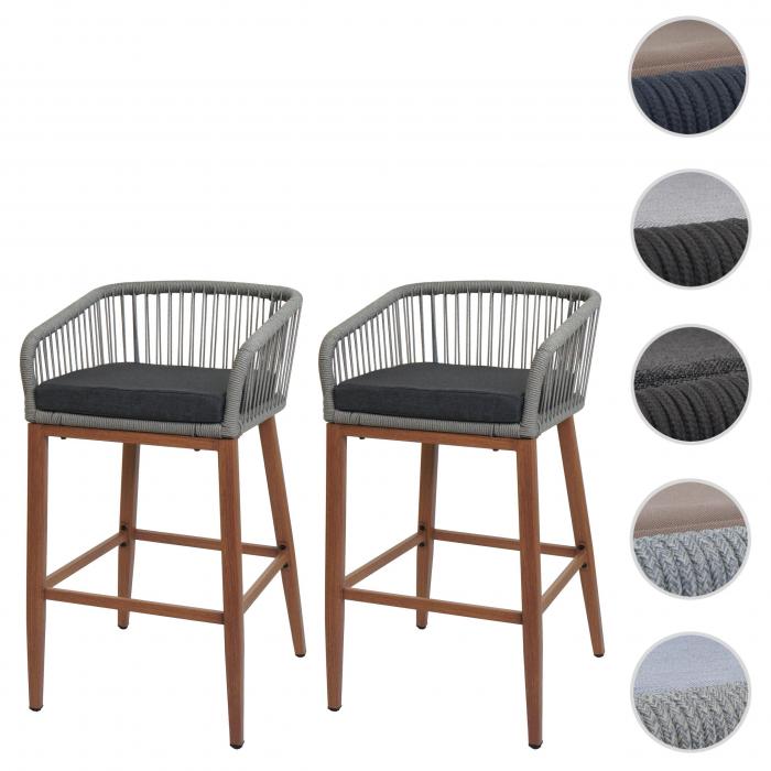 2er-Set Rope-Barhocker HWC-O22, Outdoor Sitzpolster Seilgeflecht Metall Holz-Optik ~ hellgrau, Kissen dunkelgrau