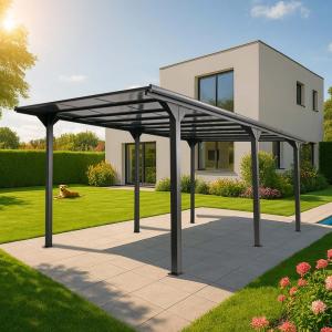 Alu-Pergola HWC-O23, Pavillon Terrassenberdachung, stabiles 10cm-Gestell Polycarbonat-Dach Regenrinne 3x6m ~ anthrazit