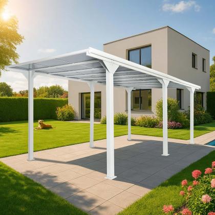 Alu-Pergola HWC-O23, Pavillon Terrassenberdachung, stabiles 10cm-Gestell Polycarbonat-Dach Regenrinne 3x6m ~ wei