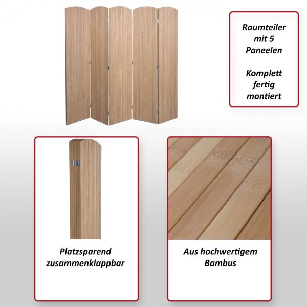 Foto mit wichtigsten Merkmalen des Produktes Bambus Paravent HWC-O30, Raumteiler Trennwand Sichtschutz, zusammenklappbar 5 Paneele 170x204cm