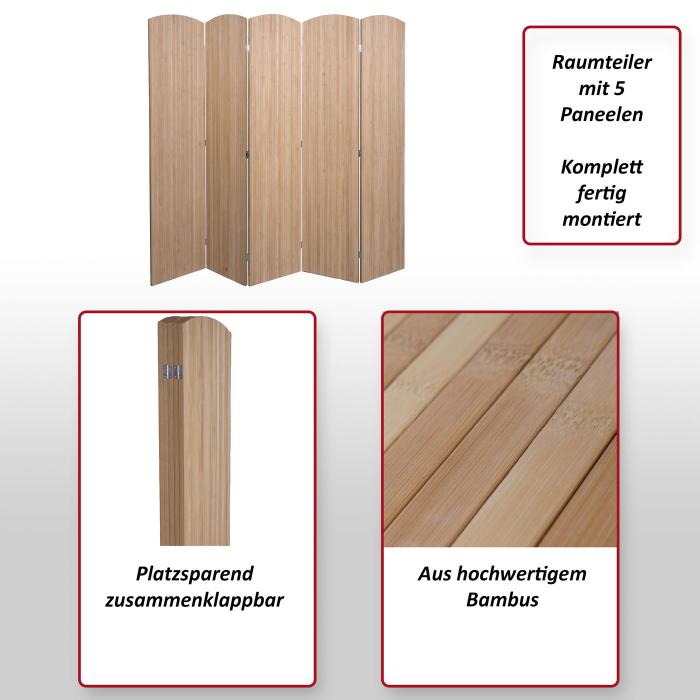 Bambus Paravent HWC-O30, Raumteiler Trennwand Sichtschutz, zusammenklappbar 5 Paneele 170x204cm