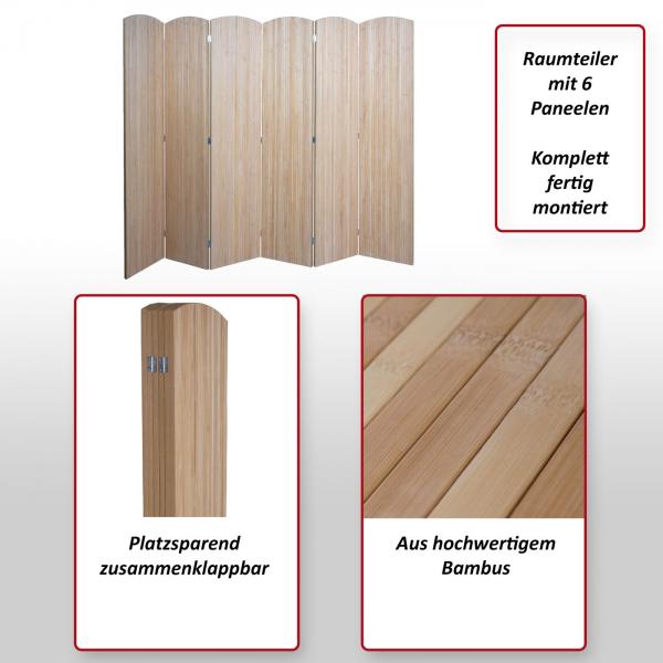 Foto mit wichtigsten Merkmalen des Produktes Bambus Paravent HWC-O30, Raumteiler Trennwand Sichtschutz, zusammenklappbar 6 Paneele 170x245cm Foto mit wichtigsten Merkmalen des Produktes Bambus Paravent HWC-O30, Raumteiler Trennwand Sichtschutz, zusammenklappbar 6 Paneele 170x245cm