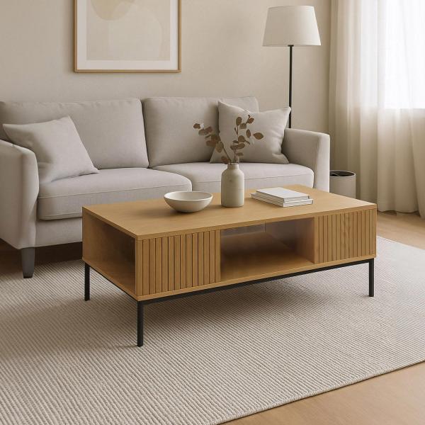 Stimmungsbild fr Produkt Couchtisch HWC-O39, Tisch Sofatisch Beistelltisch Ablage, Melamin MDF 39x120x60cm ~ natur