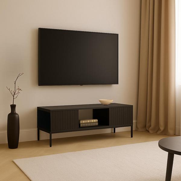 Stimmungsbild fr Produkt TV-Rack HWC-O39, TV-Board Fernsehtisch Lowboard TV-Schrank Ablage Fcher, Melamin MDF 39x120x60cm ~ Holzoptik schwarz