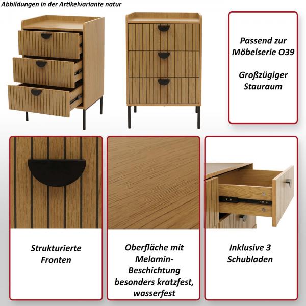 Foto mit wichtigsten Merkmalen des Produktes Kommode HWC-O39, Highboard Schrank, 3 Schubladen Melamin MDF 77x50x42cm ~ Holzoptik schwarz