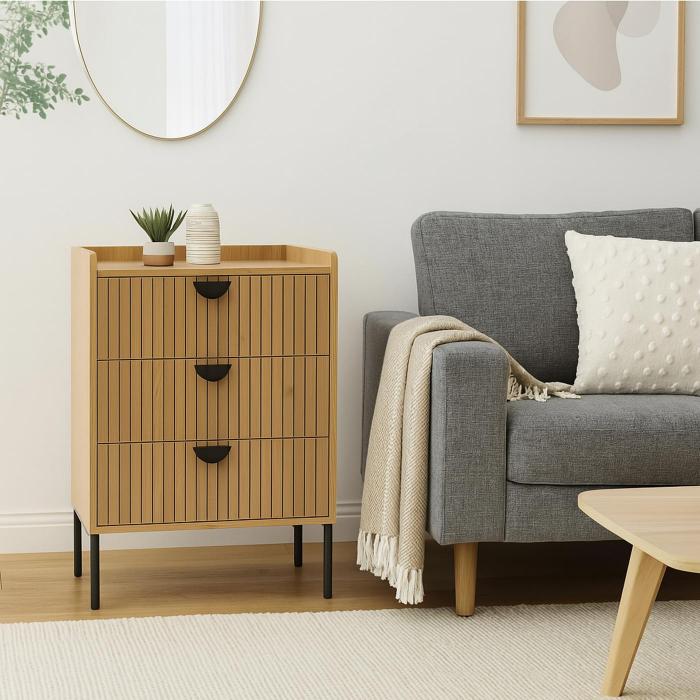 Kommode HWC-O39, Highboard Schrank, 3 Schubladen Melamin MDF 77x50x42cm ~ natur
