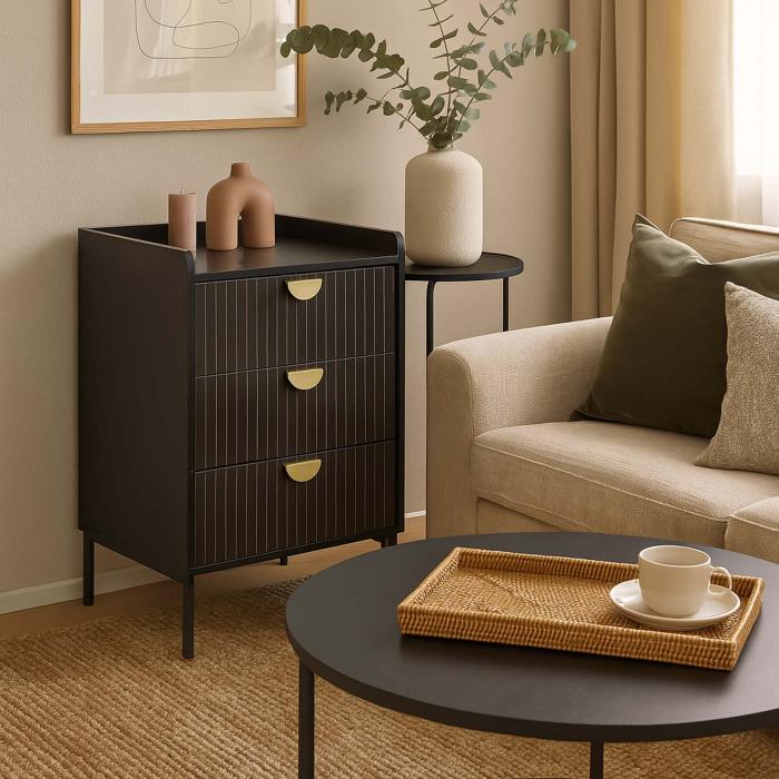 Kommode HWC-O39, Highboard Schrank, 3 Schubladen Melamin MDF 77x50x42cm ~ Holzoptik schwarz