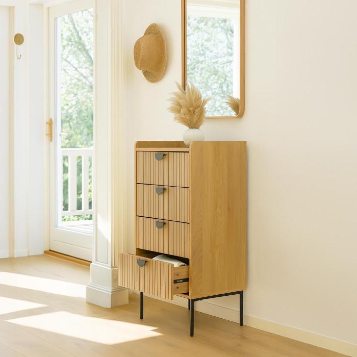Kommode HWC-O39, Highboard Schrank, 4 Schubladen Melamin MDF 95x50x42cm ~ natur