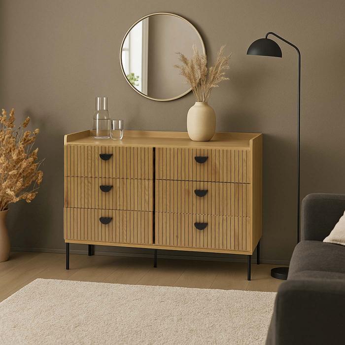 Kommode HWC-O39, Highboard Schrank, 6 Schubladen Melamin MDF 80x120x44cm ~ natur