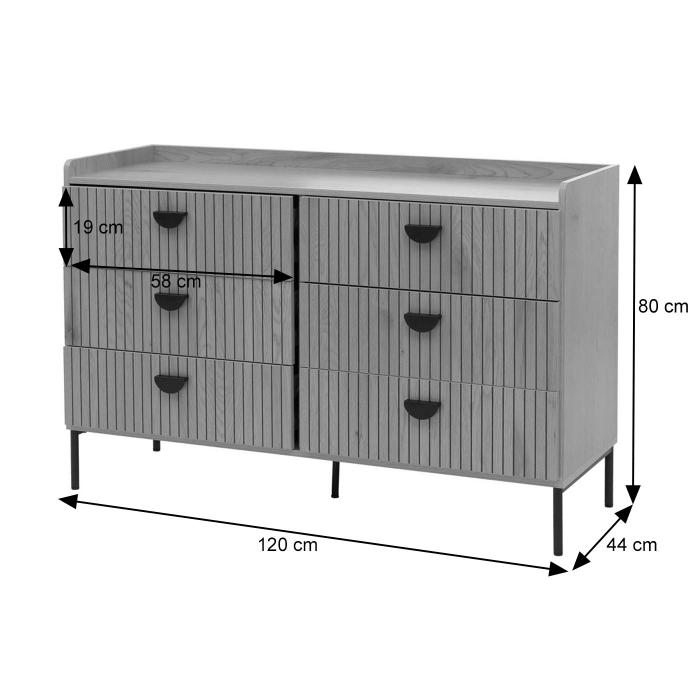 Kommode HWC-O39, Highboard Schrank, 6 Schubladen Melamin MDF 80x120x44cm ~ Holzoptik schwarz