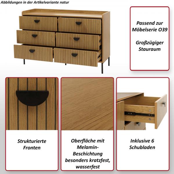 Foto mit wichtigsten Merkmalen des Produktes Kommode HWC-O39, Highboard Schrank, 6 Schubladen Melamin MDF 80x120x44cm ~ Holzoptik schwarz