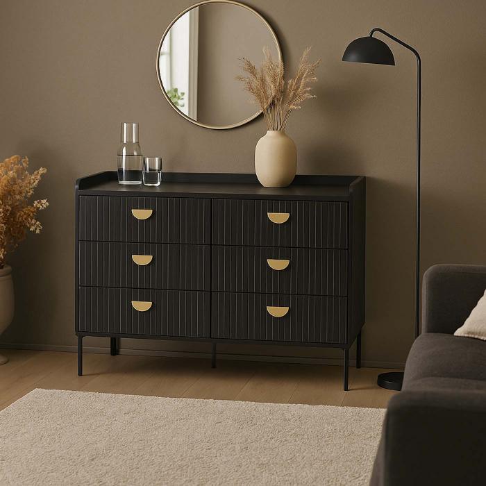 Kommode HWC-O39, Highboard Schrank, 6 Schubladen Melamin MDF 80x120x44cm ~ Holzoptik schwarz