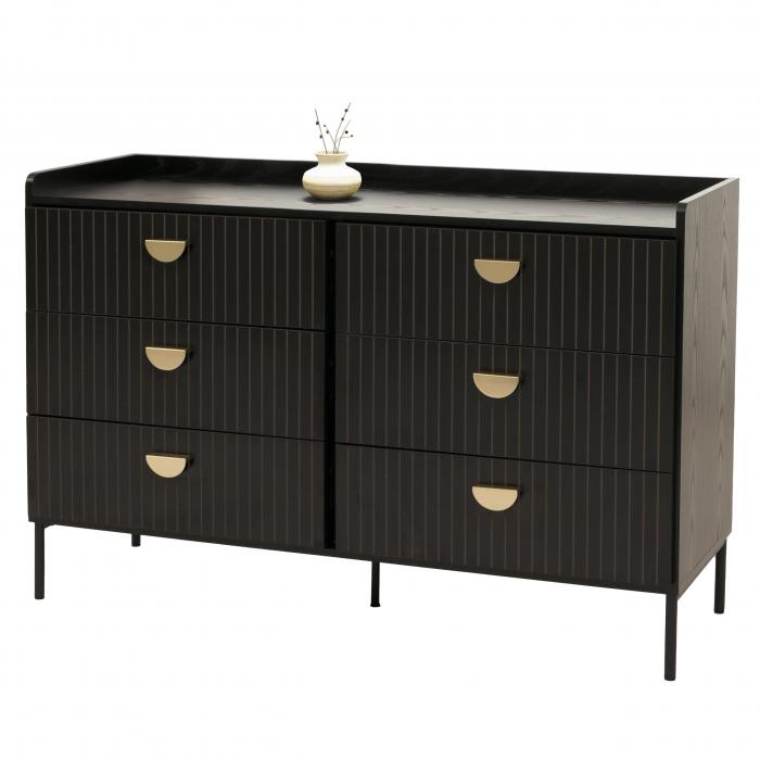 Kommode HWC-O39, Highboard Schrank, 6 Schubladen Melamin MDF 80x120x44cm ~ Holzoptik schwarz