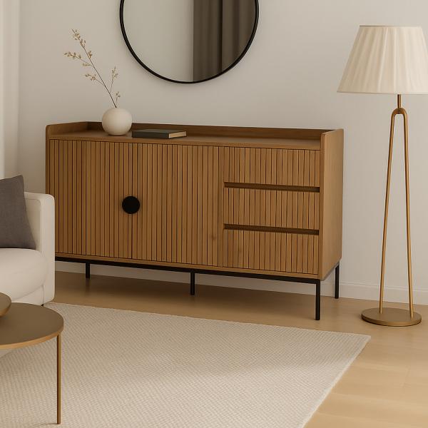 Stimmungsbild fr Produkt Sideboard HWC-O39, Kommode Schrank Anrichte, 3 Schubladen 2 Tren, Holz Melamin 80x130x42cm ~ natur