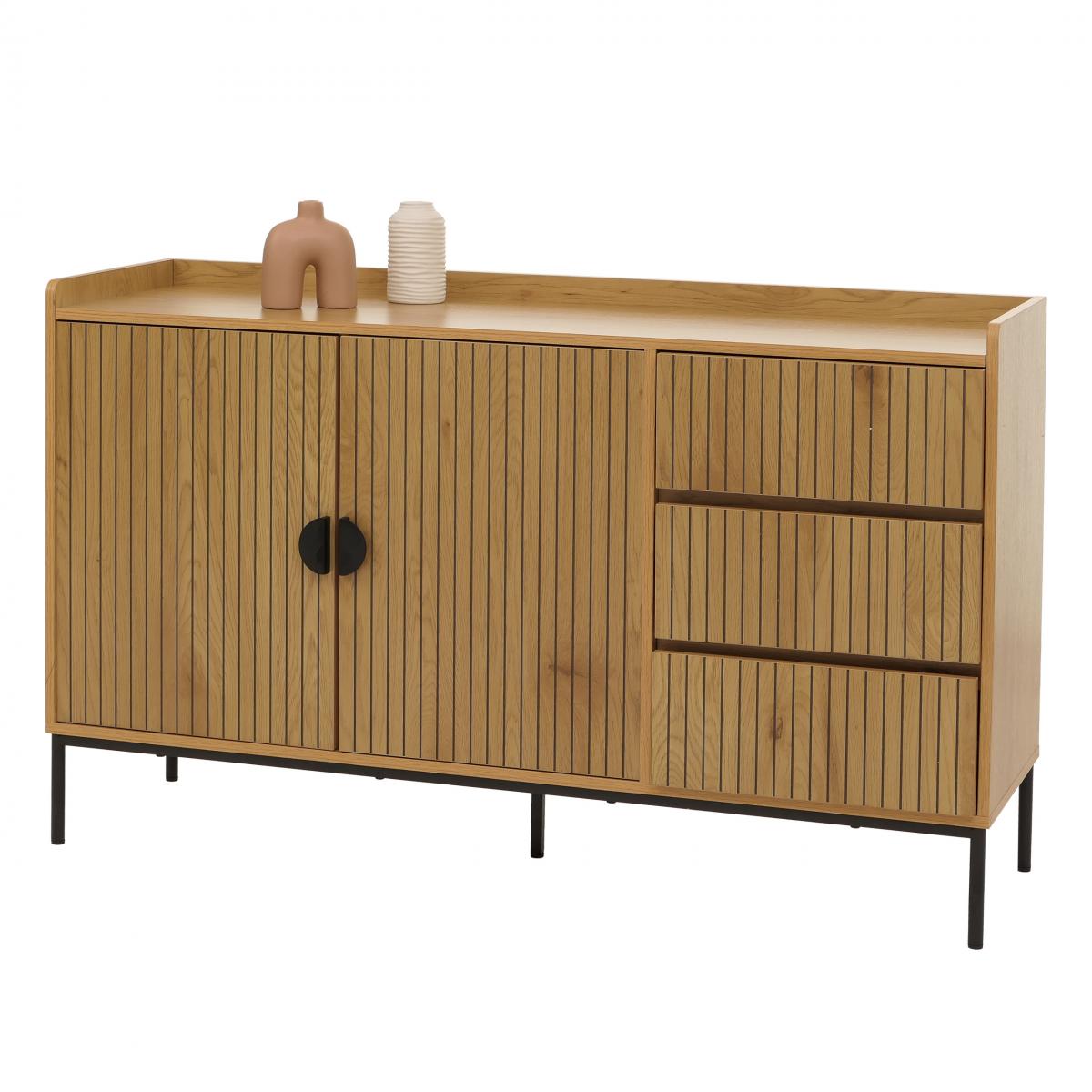 Sideboard HWC-O39, Kommode Schrank Anrichte, 3 Schubladen 2 Tren, Holz Melamin 80x130x42cm ~ natur