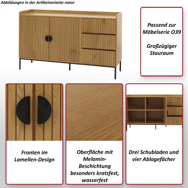Foto mit wichtigsten Merkmalen des Produktes Sideboard HWC-O39, Kommode Schrank Anrichte, 3 Schubladen 2 Tren, Holz Melamin 80x130x42cm ~ Holzoptik schwarz