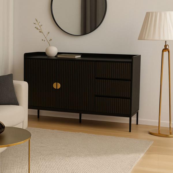 Stimmungsbild fr Produkt Sideboard HWC-O39, Kommode Schrank Anrichte, 3 Schubladen 2 Tren, Holz Melamin 80x130x42cm ~ Holzoptik schwarz