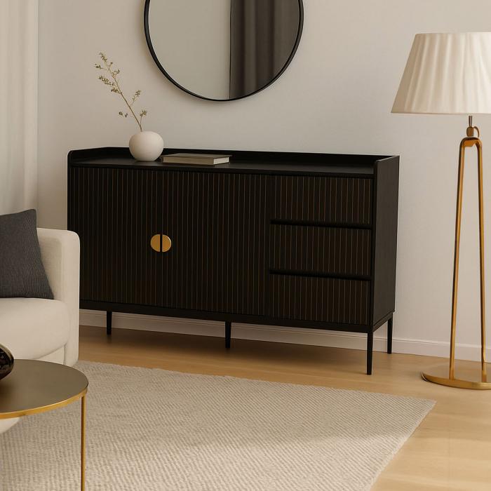 Sideboard HWC-O39, Kommode Schrank Anrichte, 3 Schubladen 2 Tren, Holz Melamin 80x130x42cm ~ Holzoptik schwarz