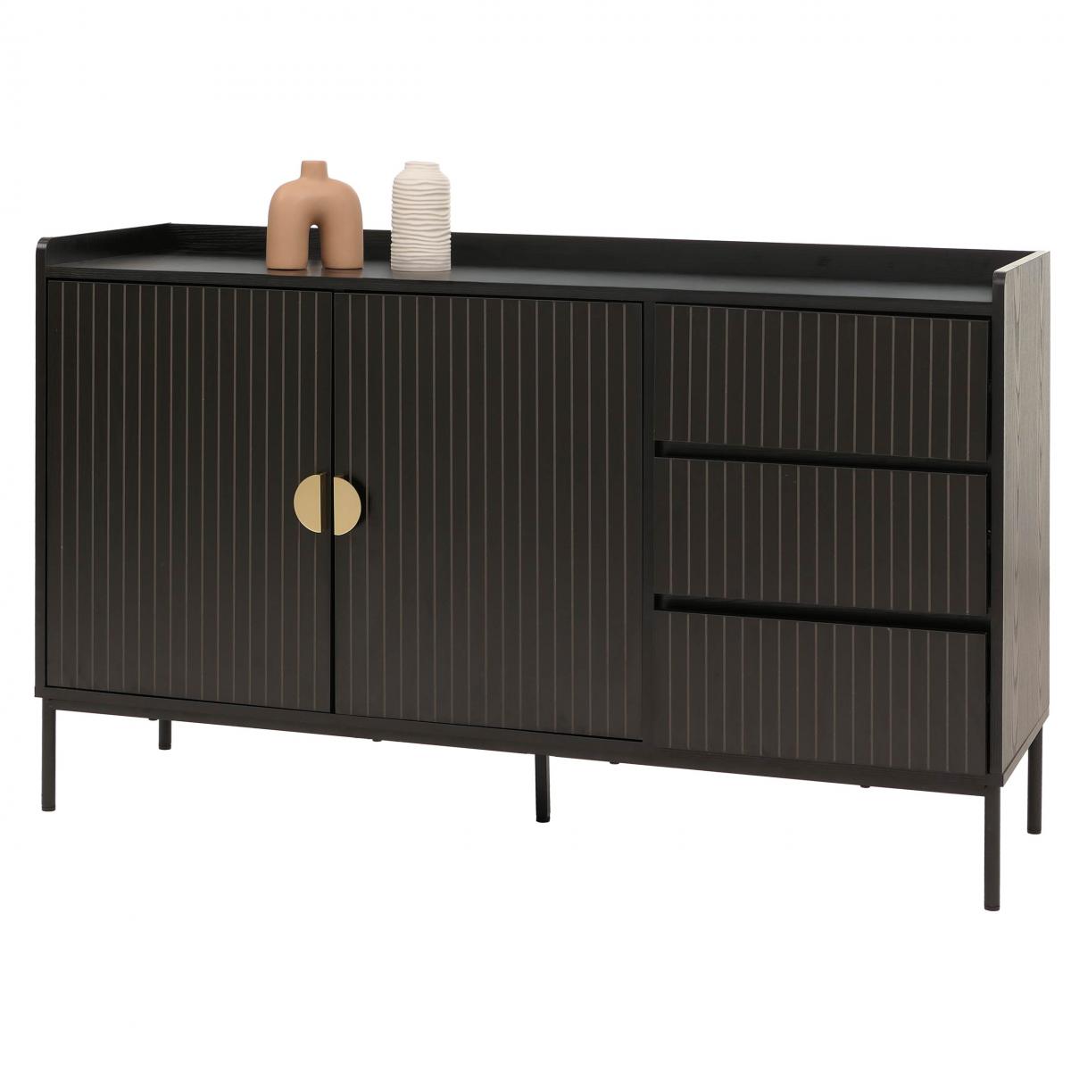 Sideboard HWC-O39, Kommode Schrank Anrichte, 3 Schubladen 2 Tren, Holz Melamin 80x130x42cm ~ Holzoptik schwarz