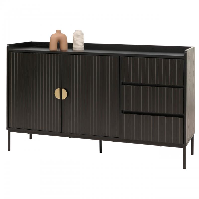 Sideboard HWC-O39, Kommode Schrank Anrichte, 3 Schubladen 2 Tren, Holz Melamin 80x130x42cm ~ Holzoptik schwarz